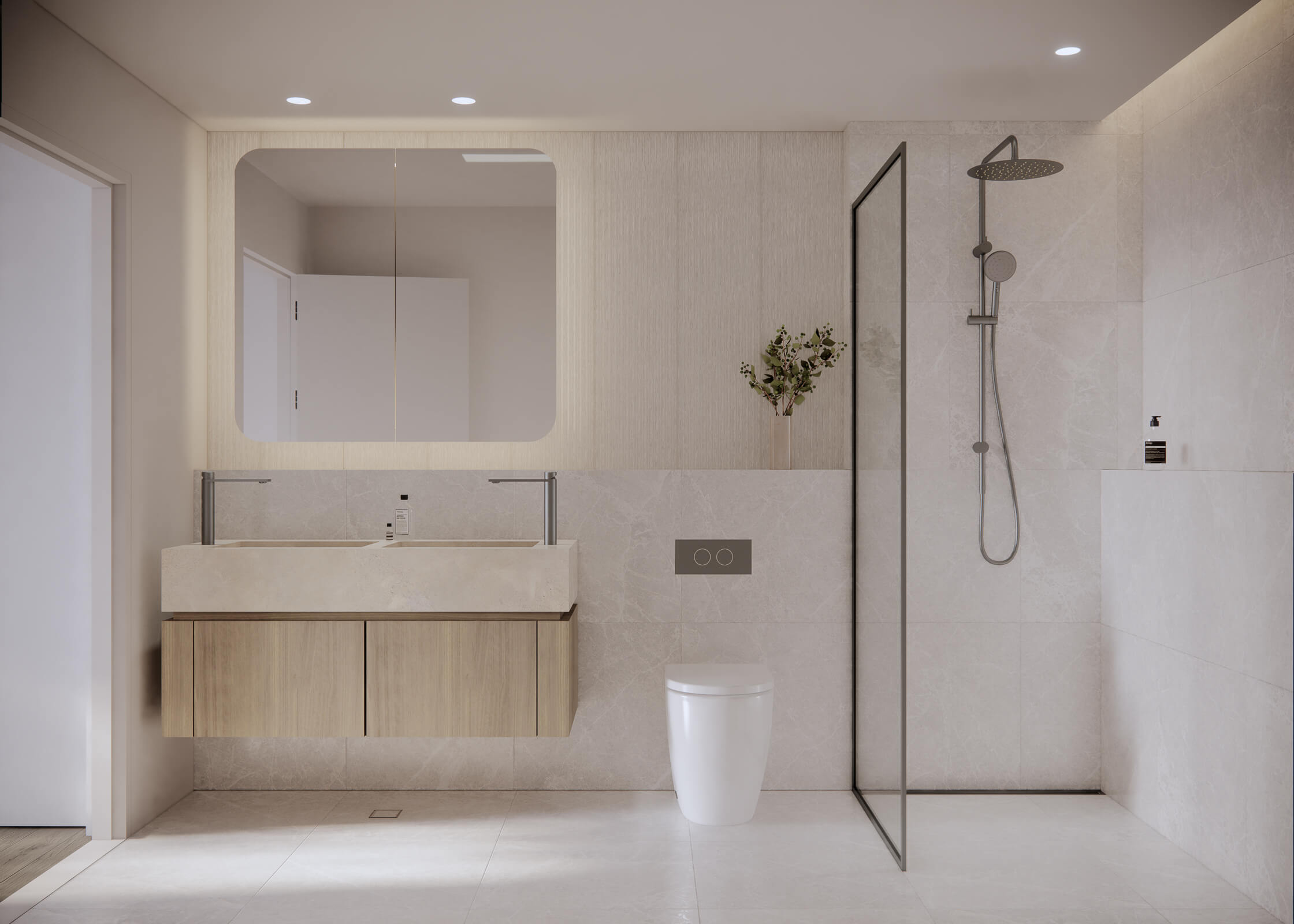 Modern bathroom with a double sink vanity, wall-mounted wooden cabinet, toilet, and a glass-enclosed walk-in shower with rain showerhead.