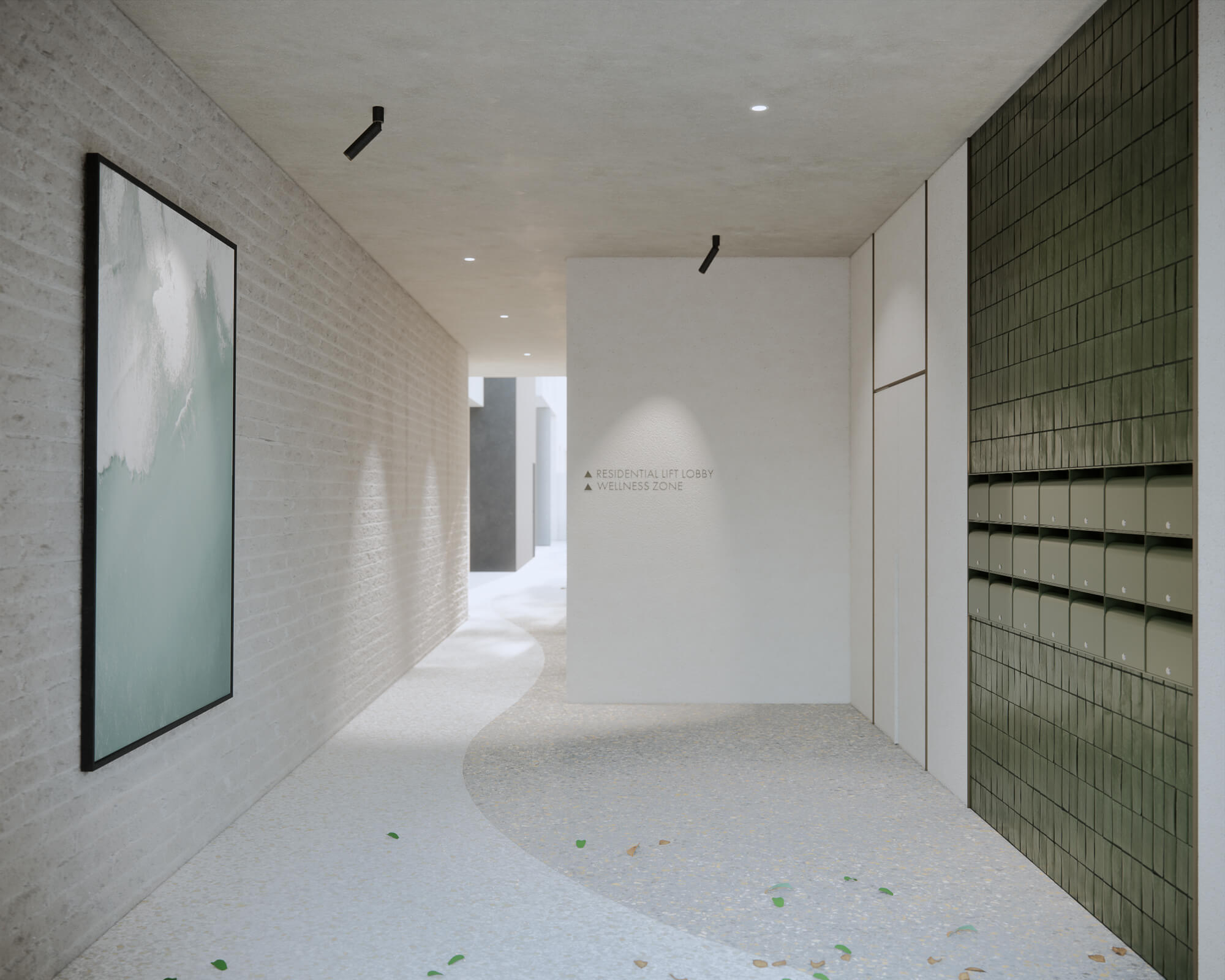 Modern hallway with light terrazzo flooring, pale brick wall with abstract artwork, white wall with directional signs, and green mailboxes set in tiled wall.