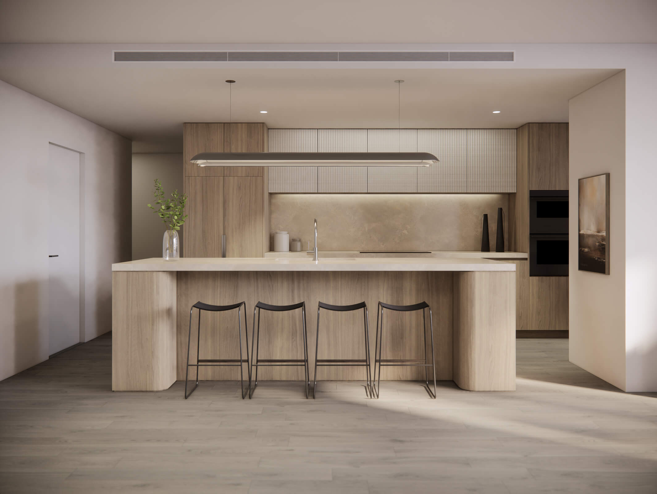 Modern kitchen with light wood cabinetry, a large island with four black bar stools, and minimalist lighting above.