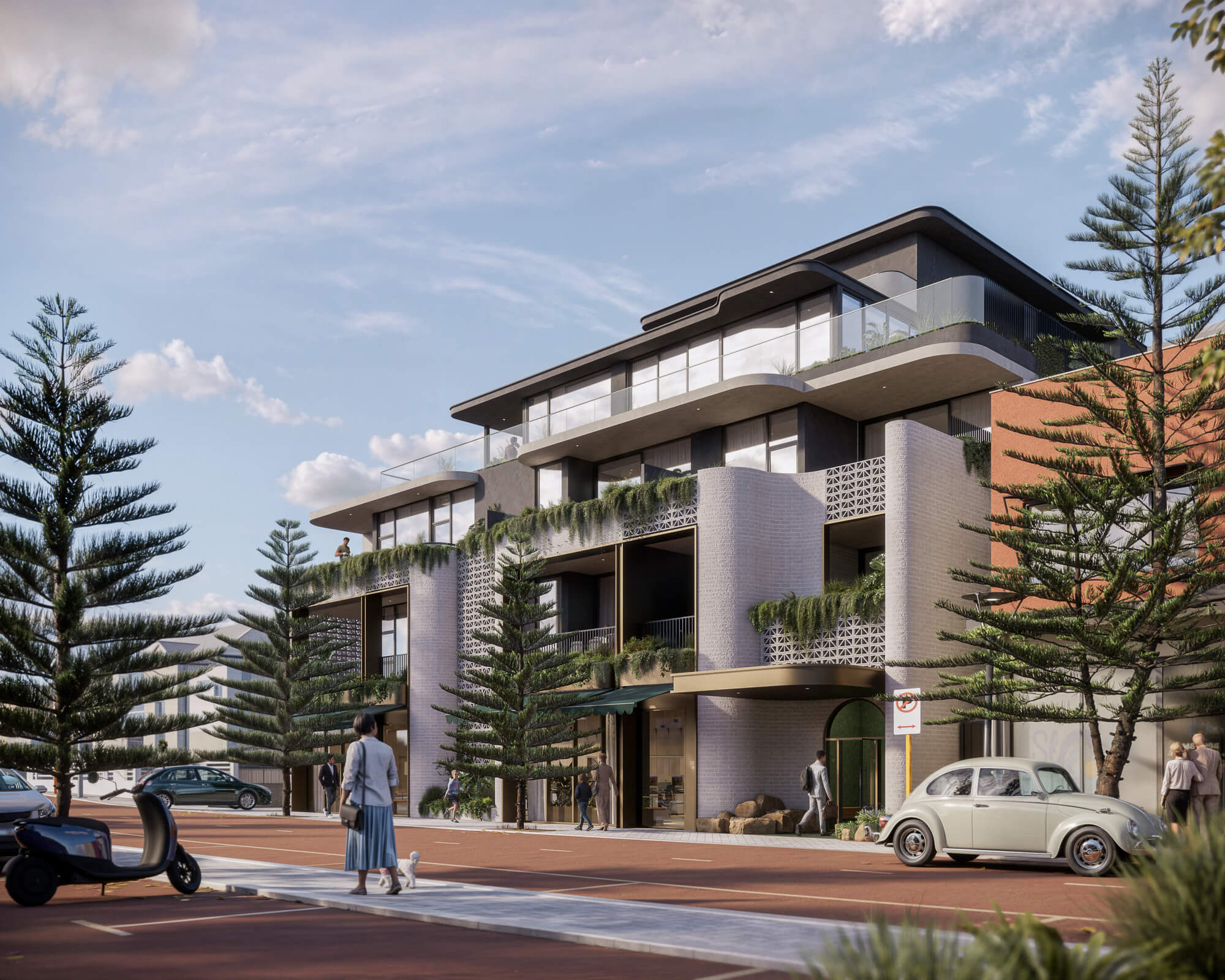 Modern multi-story building with curved balconies, greenery, and people walking nearby on a sunny street with parked cars and pine trees.