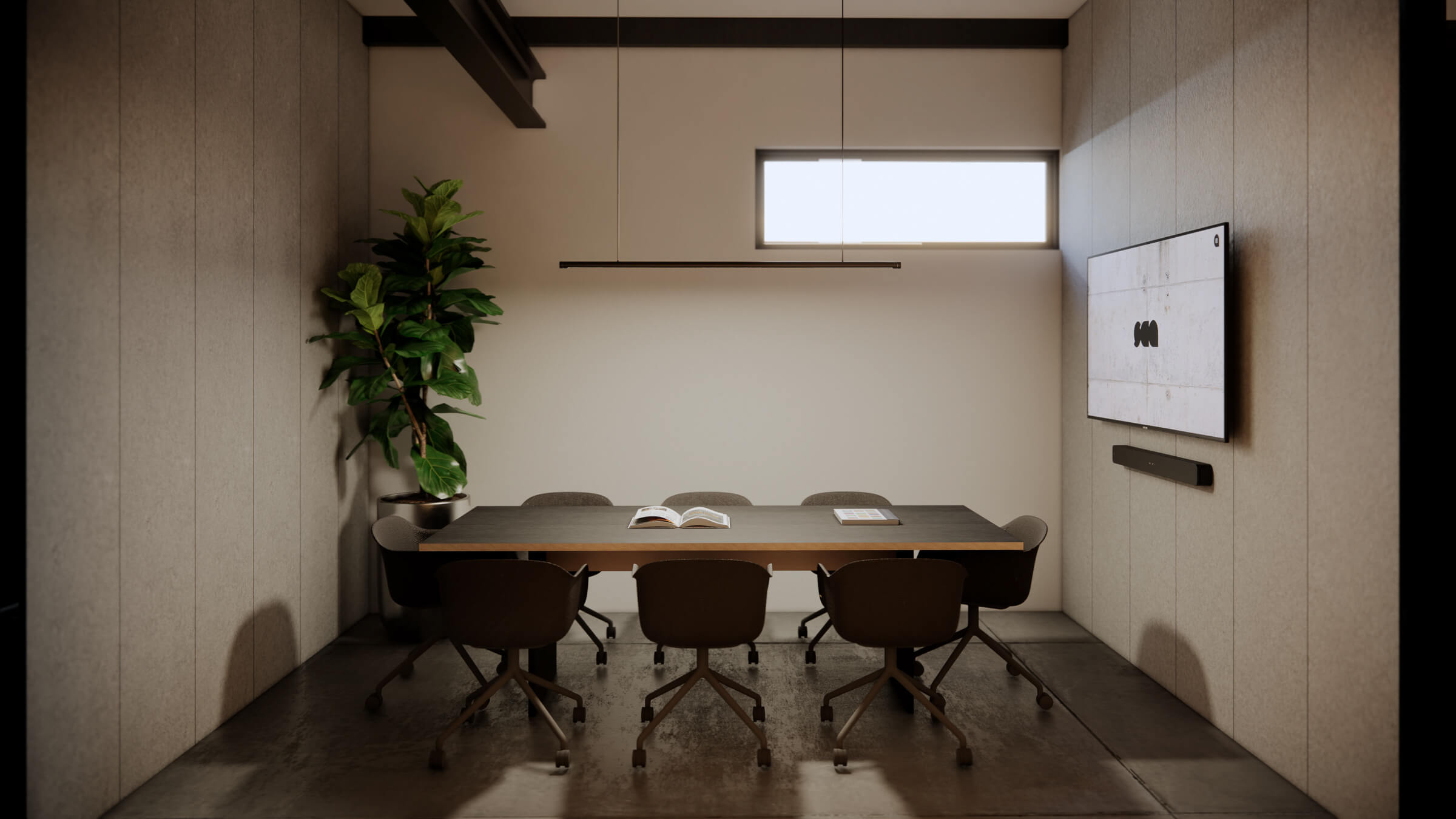Modern conference room with six swivel chairs around a long table, a potted plant, a wall-mounted TV, and a rectangular window above.