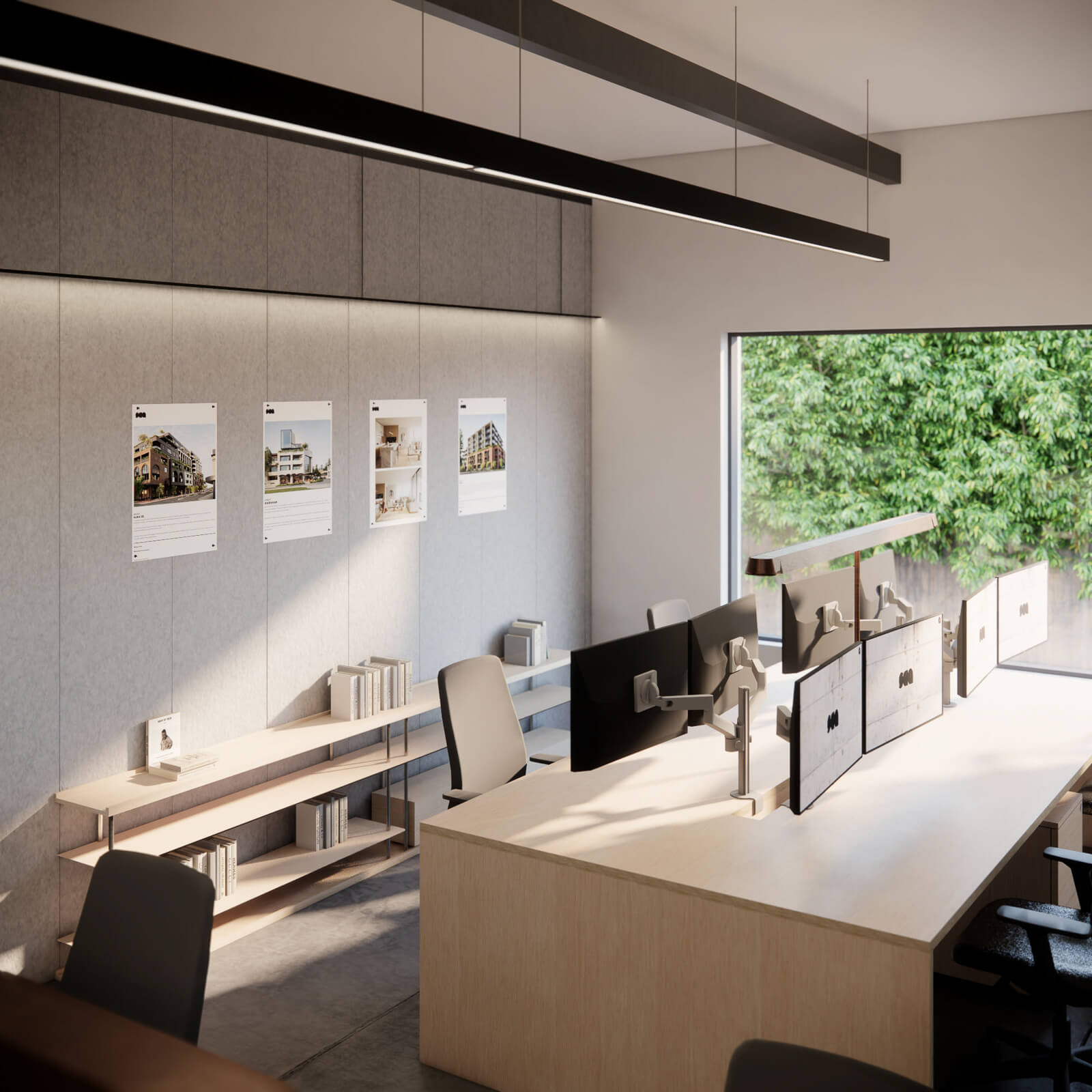 Modern office workspace with six monitors on light wood desks, ergonomic chairs, shelves with books, wall posters, and a large window overlooking green trees.